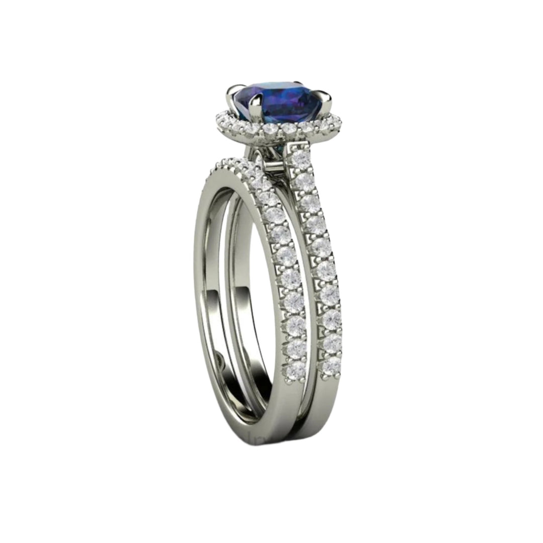 Side view of Wedding Set Alexandrite Engagement Ring | Cushion Cut Color Changing Gemstone with Diamond Halo in Gold or Platinum