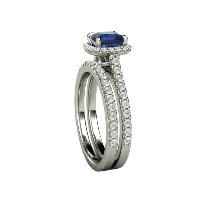Side view of Wedding Set Alexandrite Engagement Ring | Cushion Cut Color Changing Gemstone with Diamond Halo in Gold or Platinum
