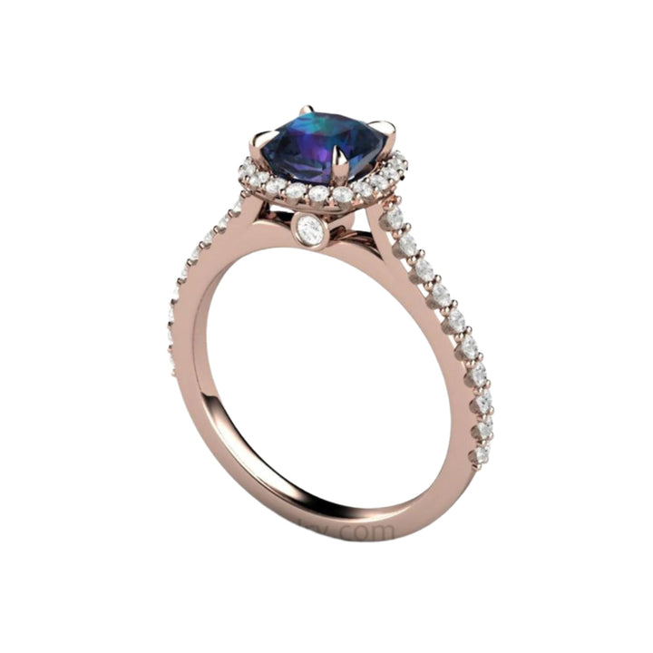 14K Rose Gold Alexandrite Ring, Unique Engagement Ring with Color-Changing Stone and Diamond Accents