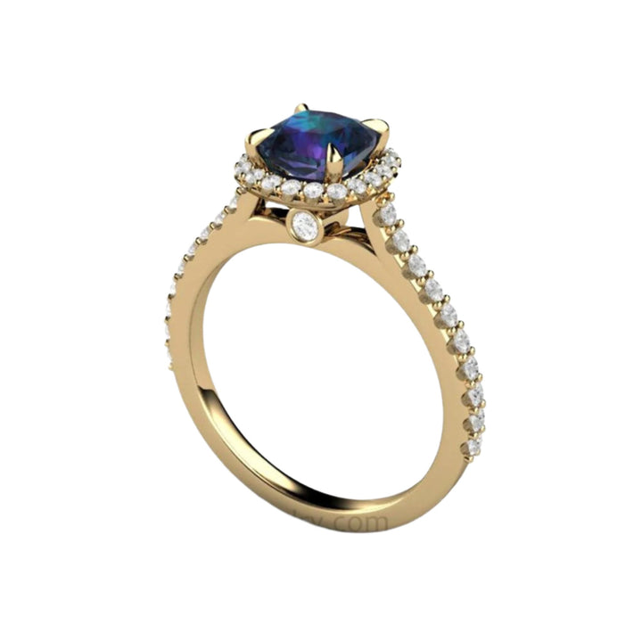 Alexandrite Cushion Cut Engagement RIing with Diamond Halo and Hidden Diamond in the Gallery, Pave Set with Claw Prongs