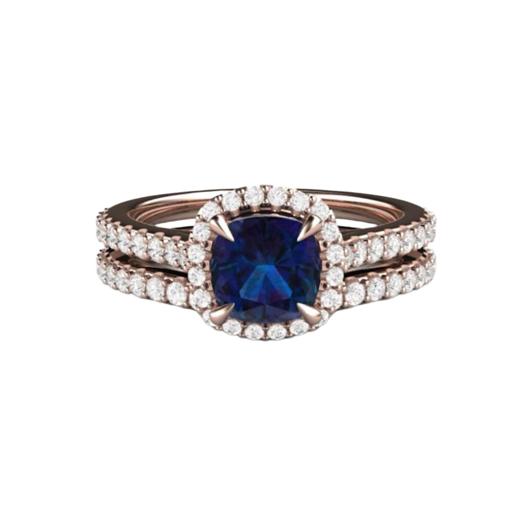 Alexandrite Bridal Set with Cushion Cut Engagement Ring and Diamond Wedding Band