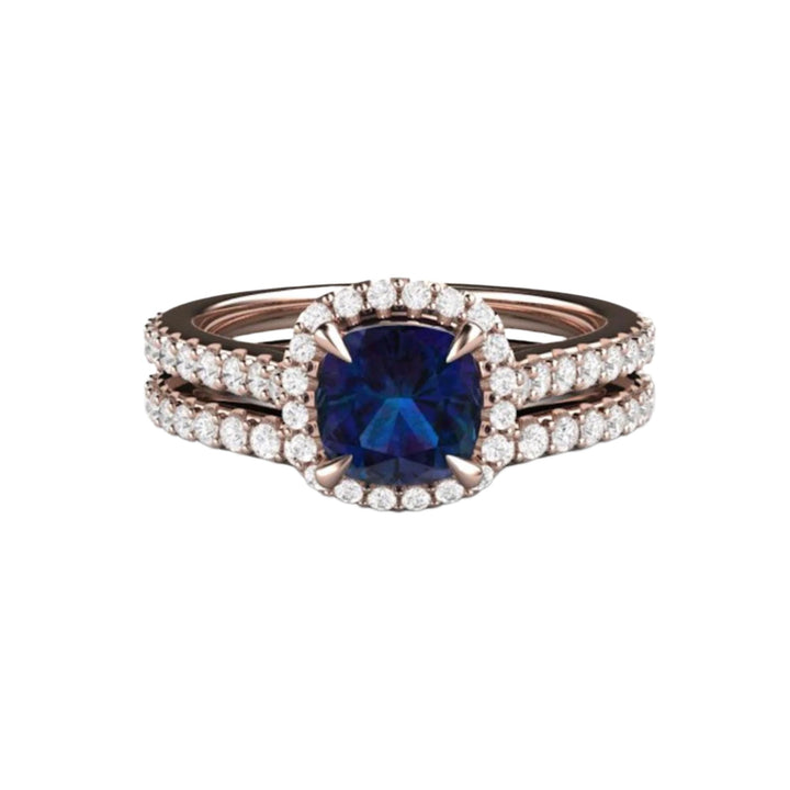 Alexandrite Bridal Set with Cushion Cut Engagement Ring and Diamond Wedding Band
