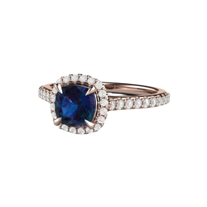 18K Rose Gold Alexandrite Halo Engagement Ring with Pave Set Diamonds and Claw-Shaped Prongs on a Dainty, Thin Band