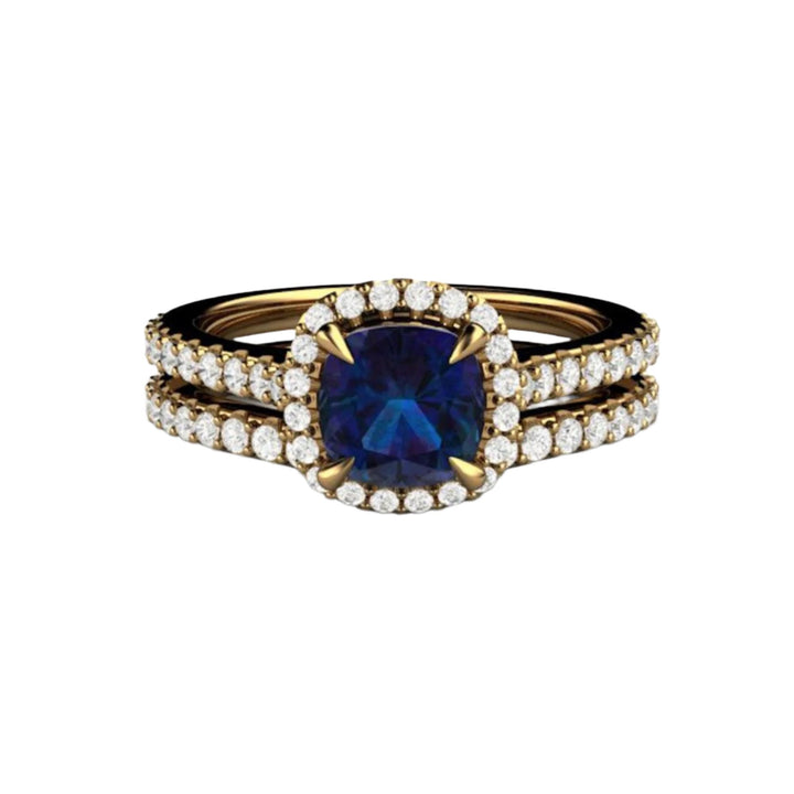 18K Yellow Gold Alexandrite Wedding Set, Diamond Halo Setting with Cushion Cut Lab Grown Alexandrite 