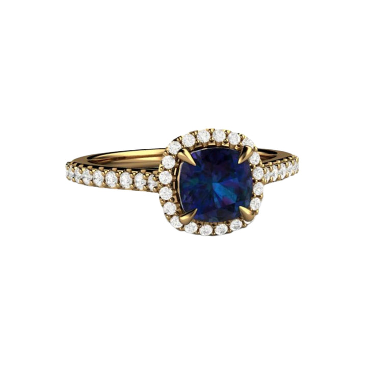 Alexandrite Cushion Cut Engagement Ring with Diamond Accents, Diamond Halo and Pointy Prongs