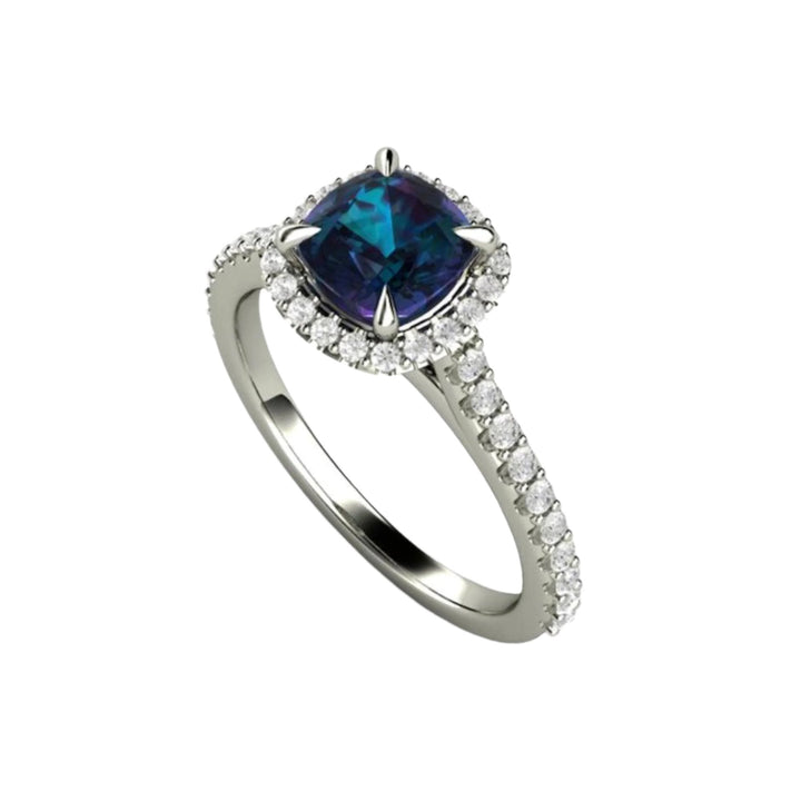 Alexandrite Engagement Ring | Cushion Cut Color Changing Gemstone with Diamond Halo in Gold or Platinum