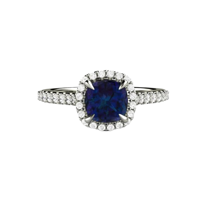 Alexandrite Cushion Cut Engagement Ring with Diamond Halo and Claw Prongs, Lab Created Alexandrite Ring
