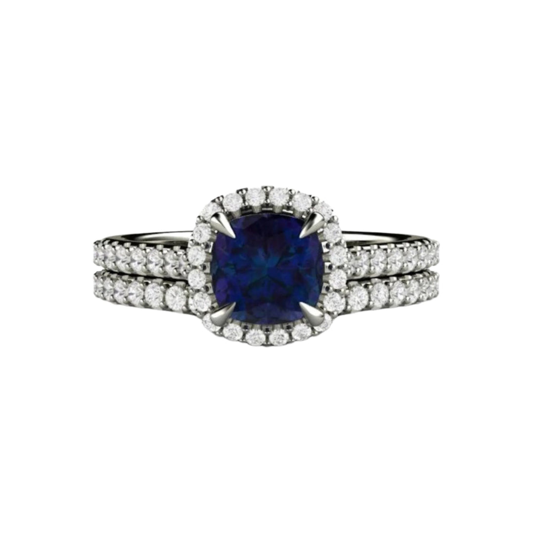 Alexandrite Engagement Ring | Cushion Cut Color Changing Gemstone with Diamond Halo in Gold or Platinum - Bridal Set