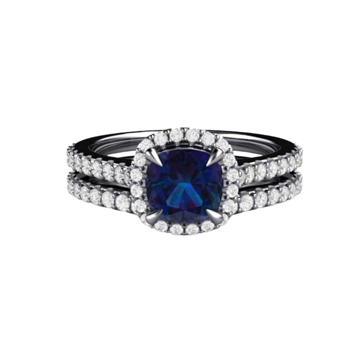 Cushion Cut Alexandrite Diamond Halo Wedding Set in Platinum with Diamond Accents
