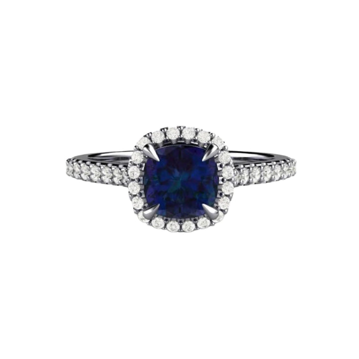 Platinum Alexandrite Ring with Diamonds, Halo Setting with Pave Setting, Unique Engagement Ring with Stone that Changes Color