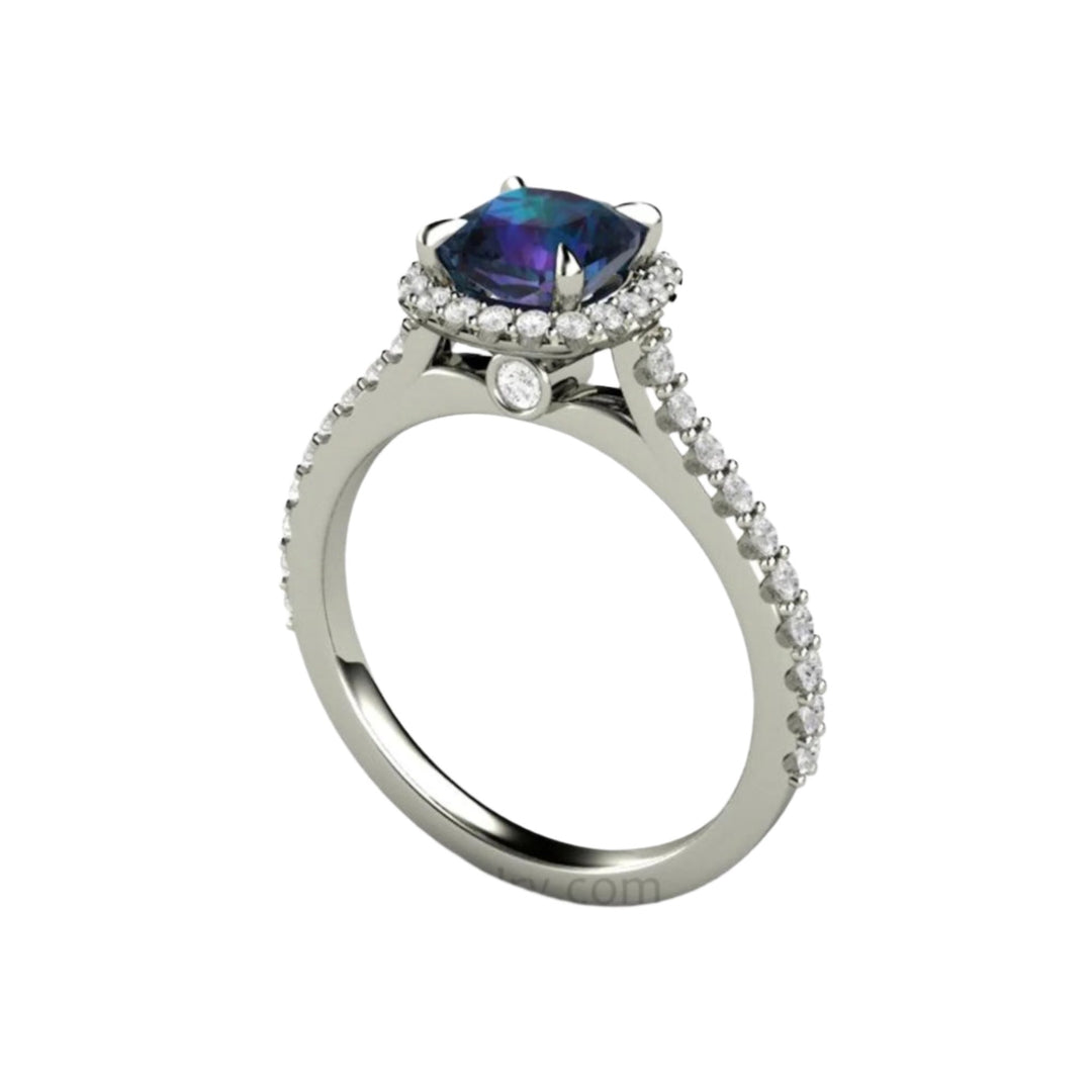 Alexandrite Engagement Ring with a 1ct| Cushion Cut Lab Grown Alexandrite, a unique Color Change Stone - Profile View 
