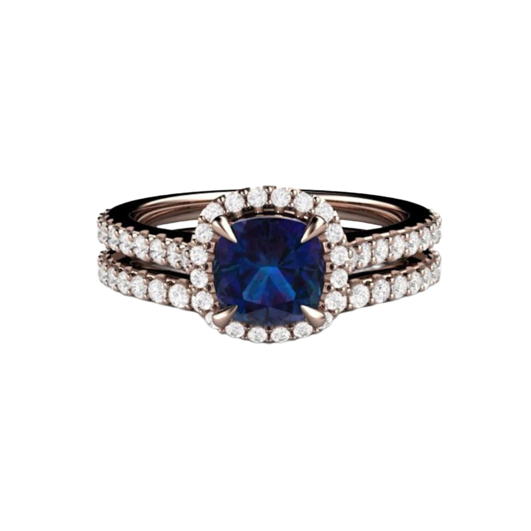 Alexandrite Engagement Ring and Matching Pave Diamond Wedding Band - Cushion Cut Halo June Birthstone
