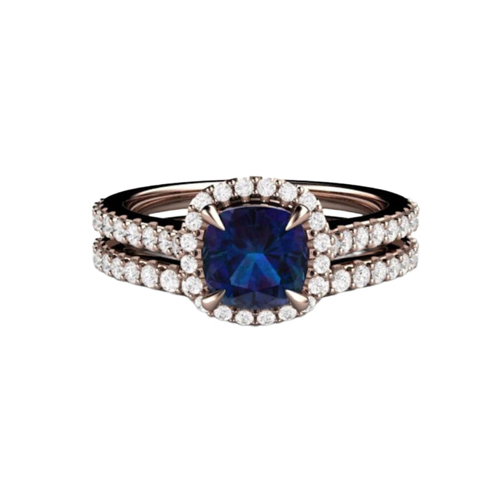 Alexandrite Engagement Ring and Matching Pave Diamond Wedding Band - Cushion Cut Halo June Birthstone