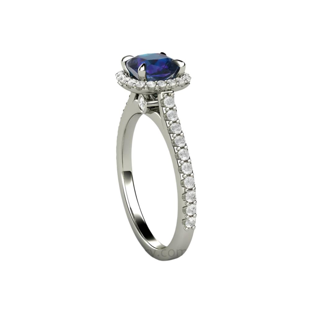 Cushion Cut Alexandrite Engagement Ring with Diamond Halo, Unique Color Change Gemstone - Side View