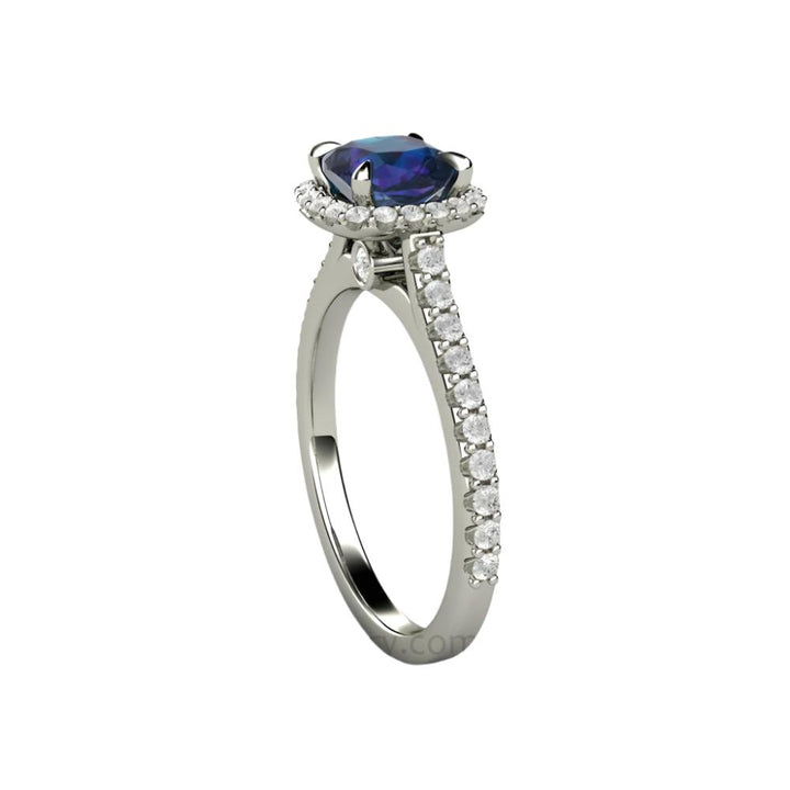 Cushion Cut Alexandrite Engagement Ring with Diamond Halo, Unique Color Change Gemstone - Side View