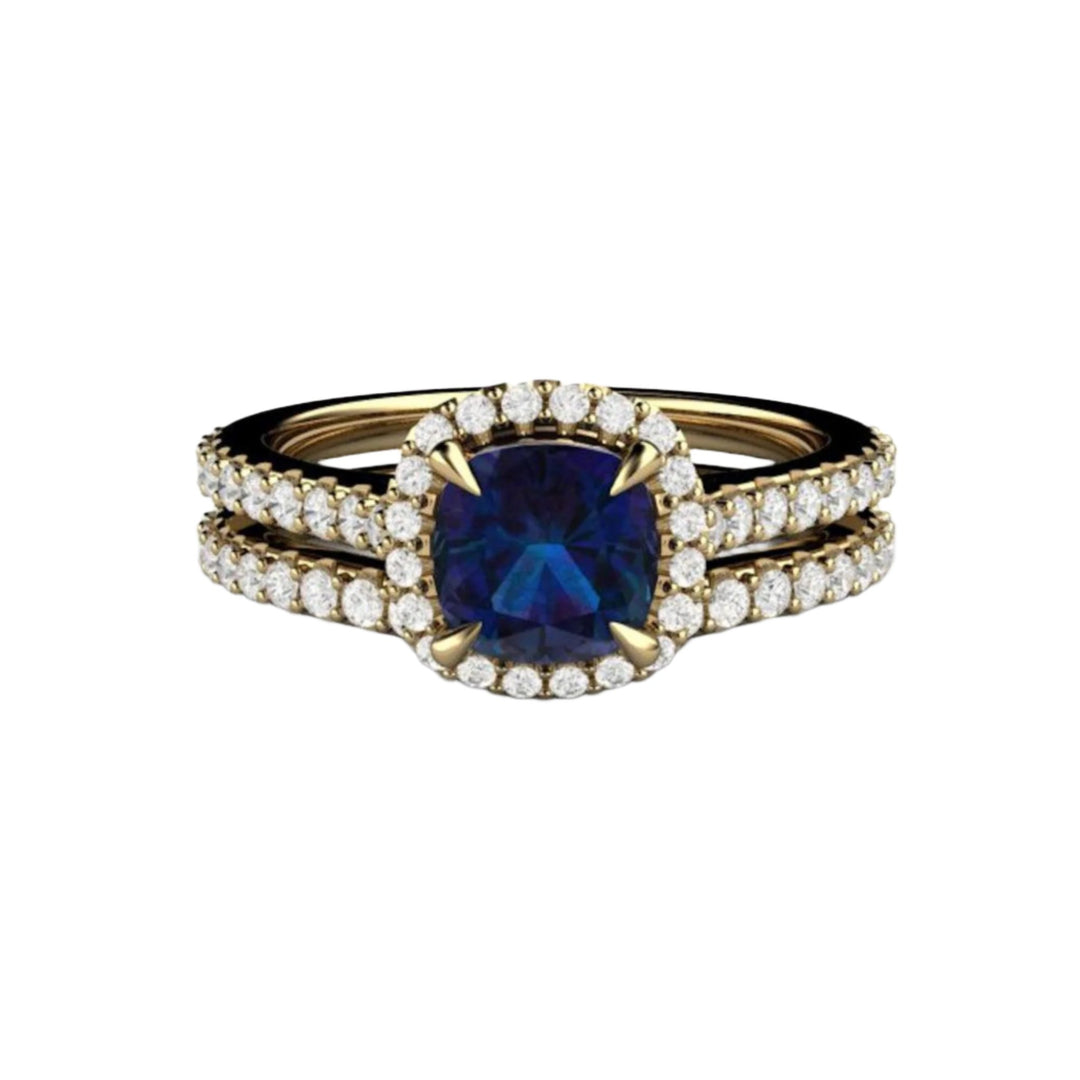 14K Yellow Gold Alexandrite Cushion Cut Engagement Ring with Diamond Halo and Hidden Diamond in the Gallery, Pave Set with Claw Prongs - Wedding Set -  Rare Earth Jewelry