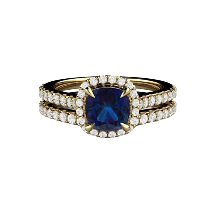 14K Yellow Gold Alexandrite Cushion Cut Engagement Ring with Diamond Halo and Hidden Diamond in the Gallery, Pave Set with Claw Prongs - Wedding Set -  Rare Earth Jewelry