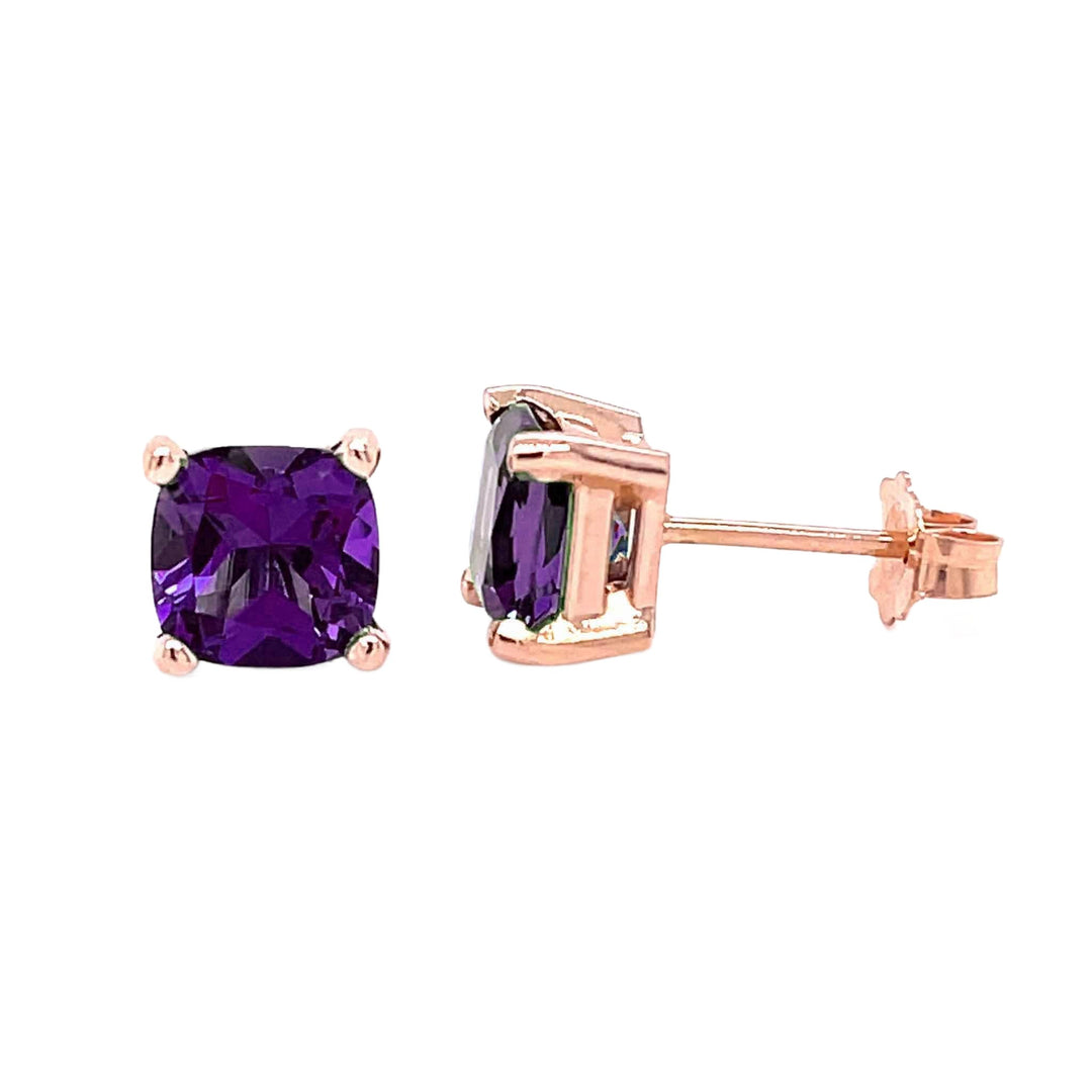 Cushion Cut Amethyst Stud Earrings 14K Gold February Birthstone Earrings - Rare Earth Jewelry