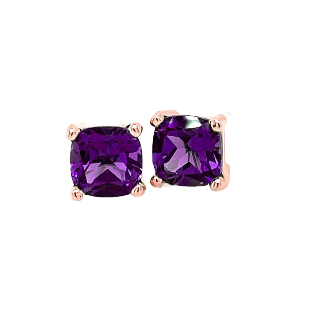 Natural Amethyst Earrings Cushion Cut Amethyst Studs in 14K Rose Gold February Birthstone - Rare Earth Jewelry