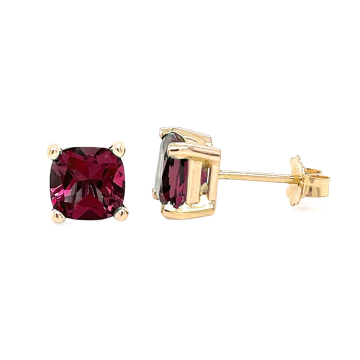 Cushion Cut Rhodolite Garnet Earrings 14K Gold Red Garnet Studs - Rare Earth Jewelry