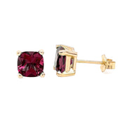 14K Gold Natural Rhodolite Garnet earrings, square cushion cut red Garnet studs in four prong basket settings, January birthstone earrings from Rare Earth Jewelry.