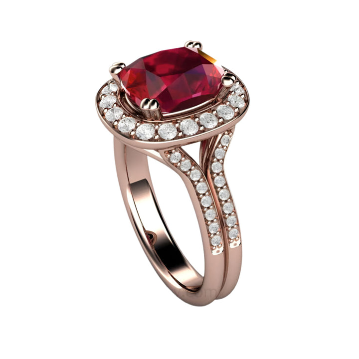 Ruby Cushion Cut Ring with Diamond Accents and Double Prongs in 18K Rose Gold | Rare Earth Jewelry