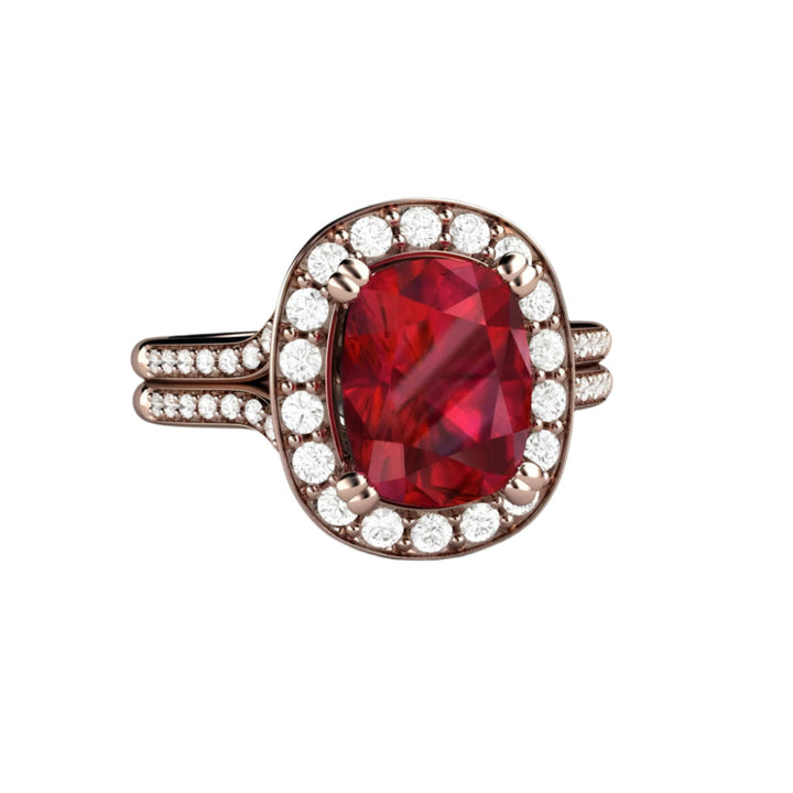 Large Ruby Ring, Cushion Cut Lab Grown Ruby Ring with Diamond Halo and Double Band in 14K Rose Gold, July Birthstone Jewelry | Rare Earth Jewelry