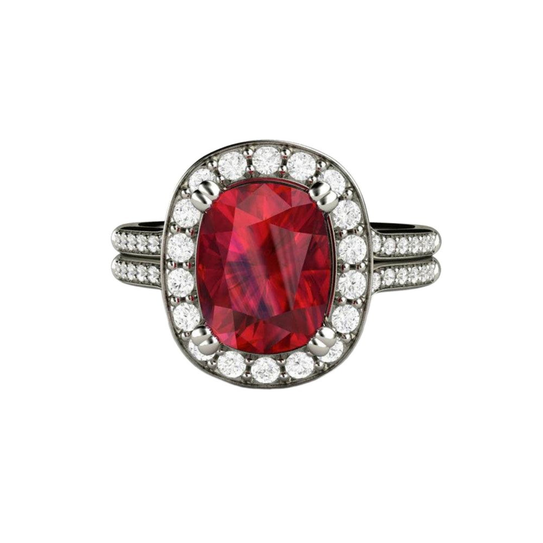 Ruby and Diamond Ring Cushion Cut Ruby Diamond Halo, Rare Earth Jewelry
