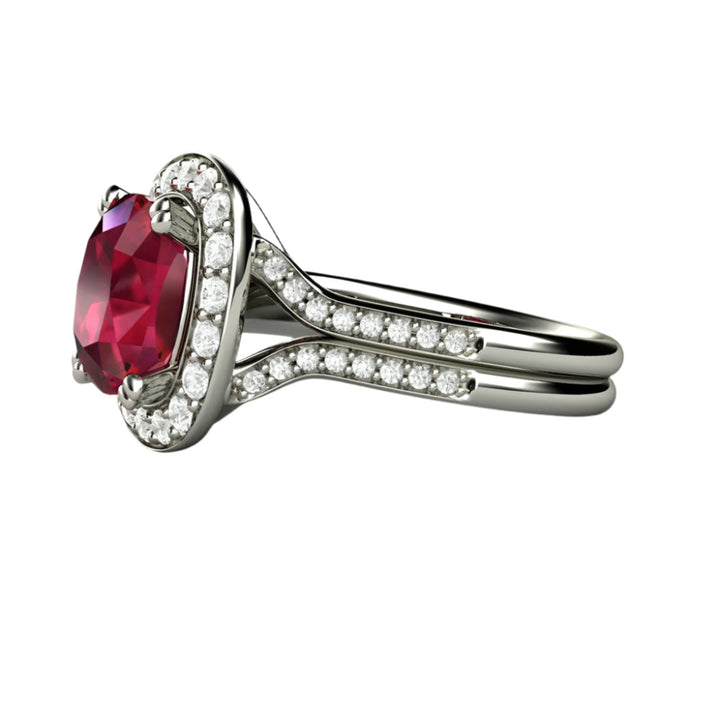 Side View of Ruby and Diamond Ring with Split Shank Double Band, Cushion Cut Ruby Diamond Halo | Rare Earth Jewelry