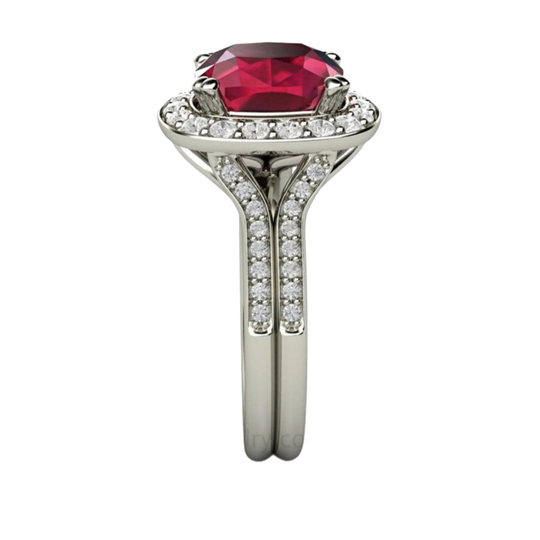 Side View of Ruby and Diamond Ring Cushion Cut Ruby Diamond Halo, Rare Earth Jewelry