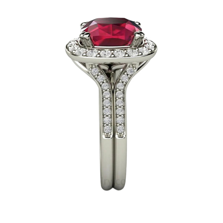 Side View of Ruby and Diamond Ring Cushion Cut Ruby Diamond Halo, Rare Earth Jewelry