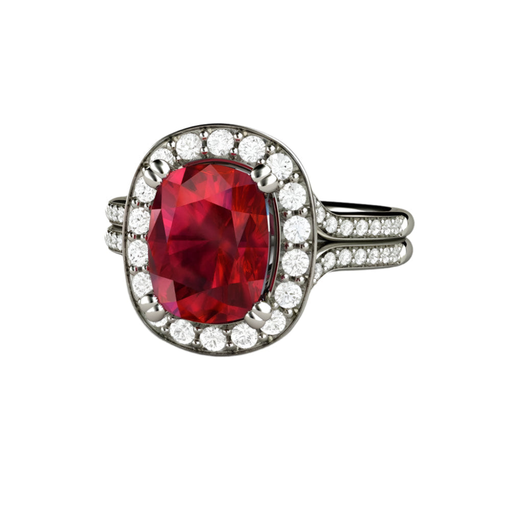 Cushion Cut Ruby Statement Ring with Diamond Halo, Cushion Cut Ruby Engagement Ring, July Birthstone Ring | Rare Earth Jewelry