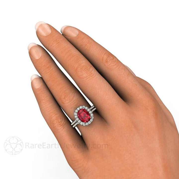 Cushion Cut Ruby Diamond Halo Ring on the Hand, Ruby Cocktail Ring in 14K or 18K Gold and Platinum | Rare Earth Jewelry