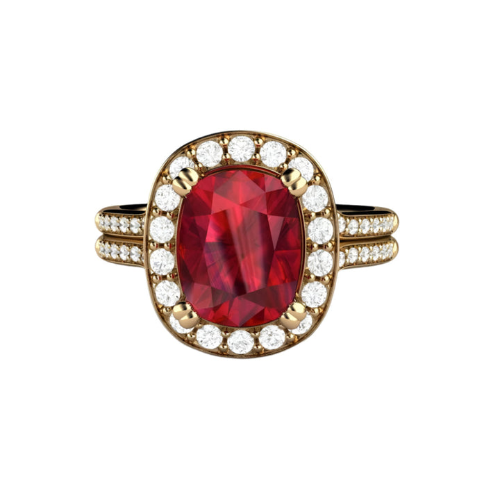 Ruby Ring with Diamond Halo in 18K Yellow Gold, Ruby and Diamond Cocktail Ring | Rare Earth Jewelry