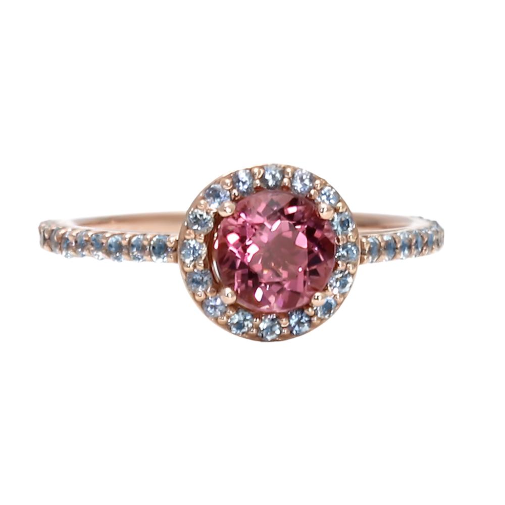 Dainty Pink Tourmaline Ring with Aquamarine Halo | Feminine Gold Ring - 14K Rose Gold - Rare Earth Jewelry