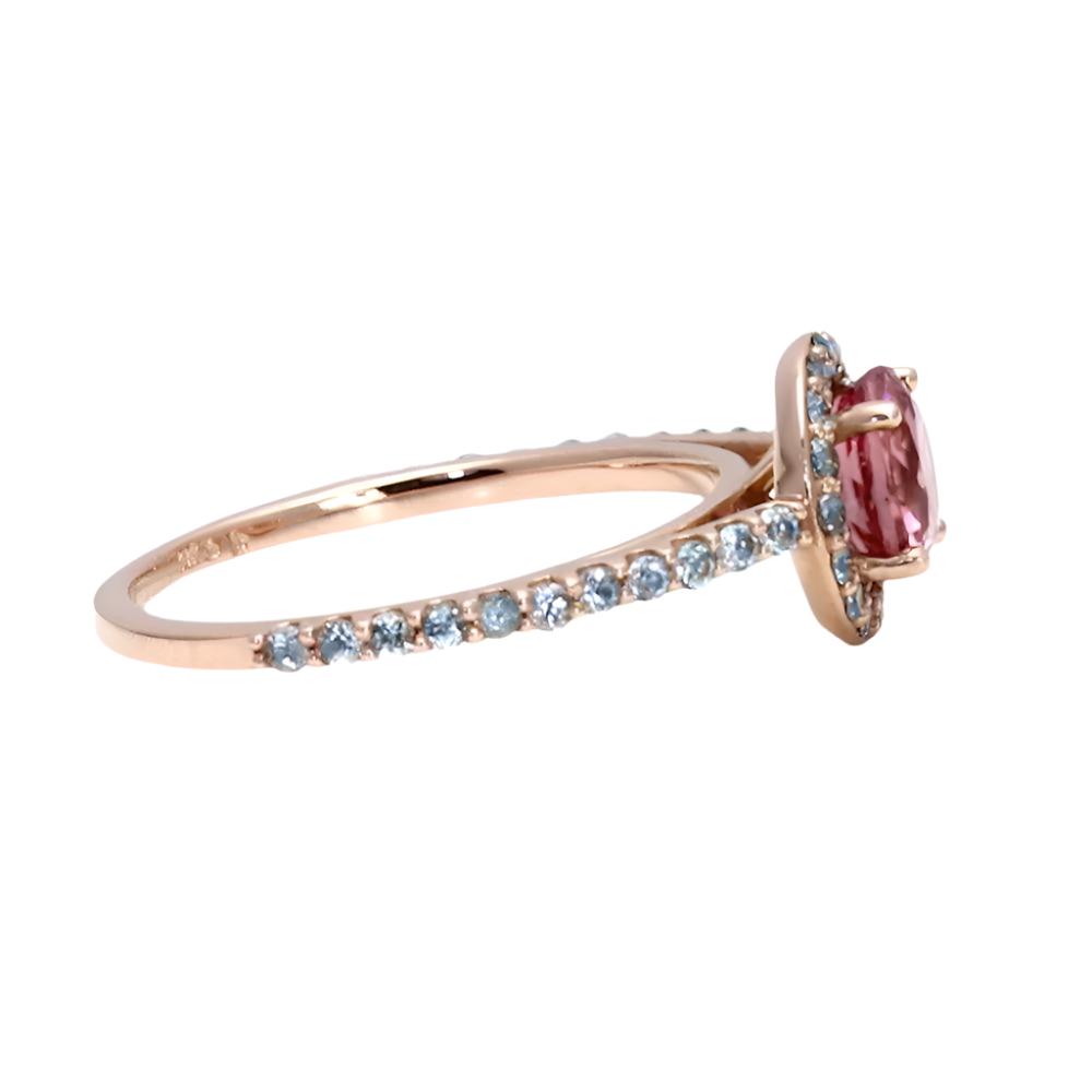 Dainty Pink Tourmaline Ring with Aquamarine Halo | Feminine Gold Ring, Side View showing Thin Pave Set Band - Rare Earth Jewelry