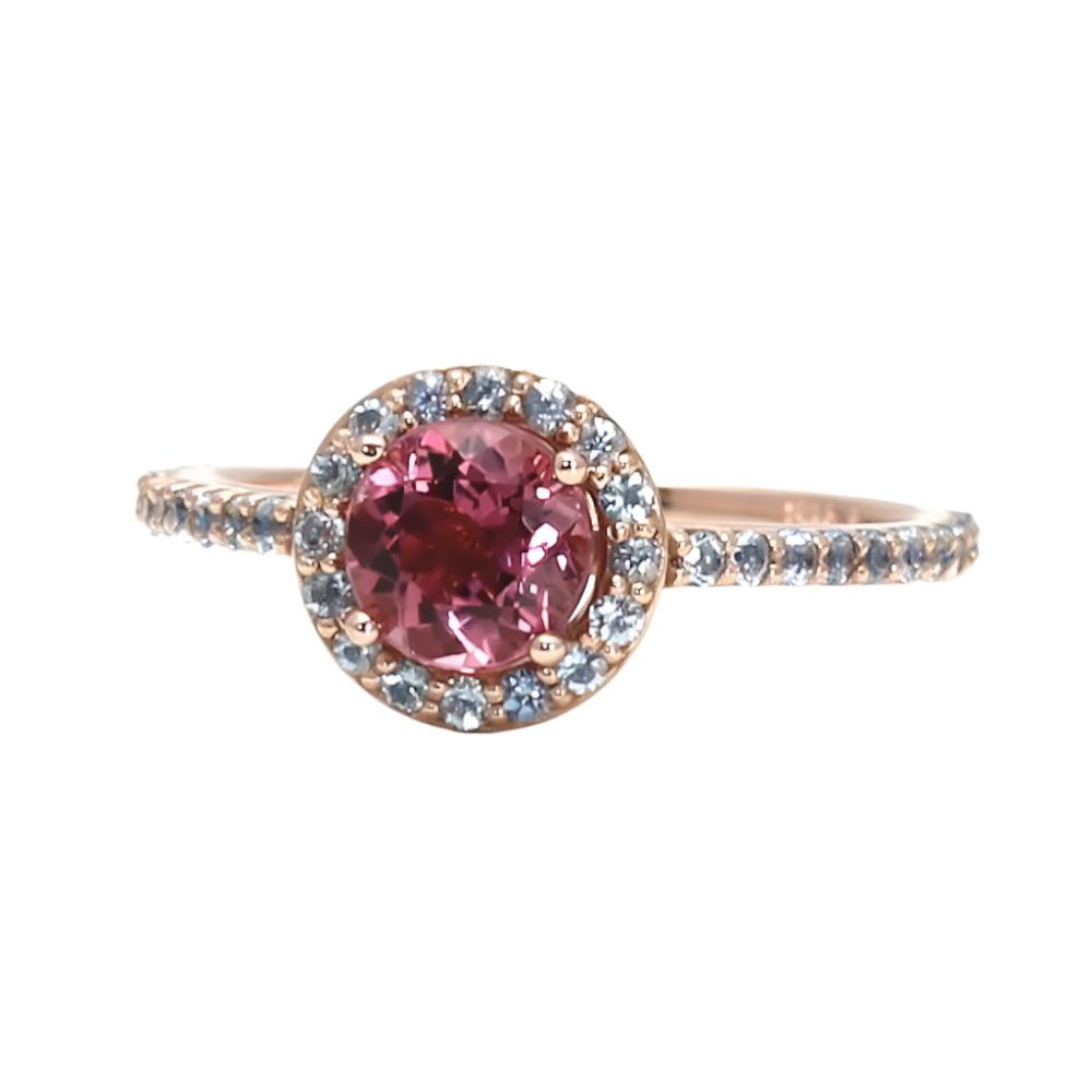 Dainty Pink Tourmaline Ring with Aquamarine Halo | Feminine Gold Ring - October Birthstone Ring - Rare Earth Jewelry