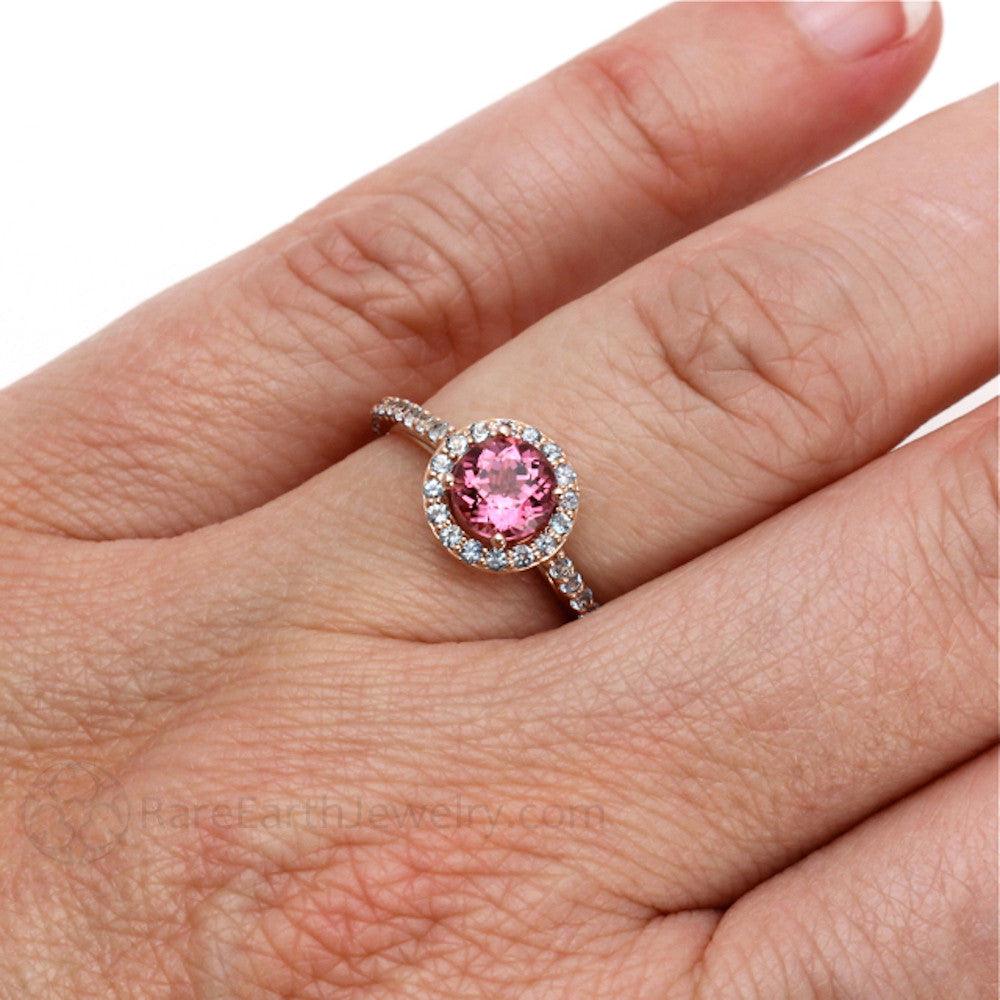 Dainty Pink Tourmaline Ring with Aquamarine Halo | Feminine Gold Ring - 14K Rose Gold Shown on the Hand