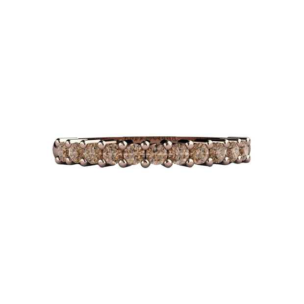 A dark brown cognac colored diamond wedding ring or anniversary band, great for stacking, show in rose gold.