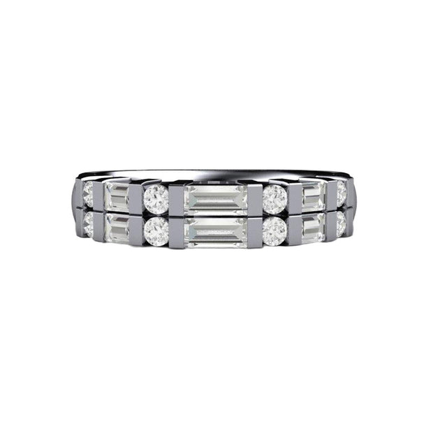 A natural diamond baguette wedding ring in gold or platinum.  This natural diamond band has two rows of round and baguette diamonds.
