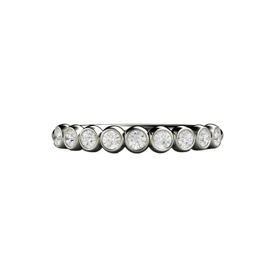 A diamond band in a round bubble style bezel setting. A bezel set round diamond wedding ring or stacking ring in gold or platinum.