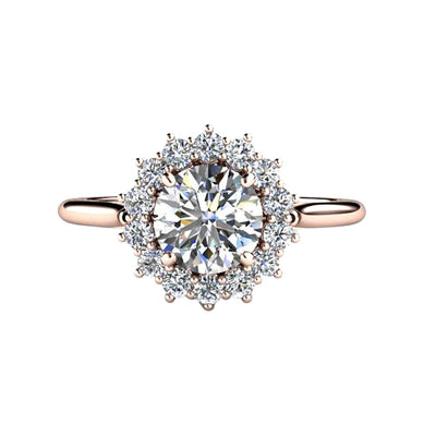 1ct GIA certified diamond vintage-inspired engagement ring with round cluster halo and dainty thin band shown in rose gold from Rare Earth Jewelry.