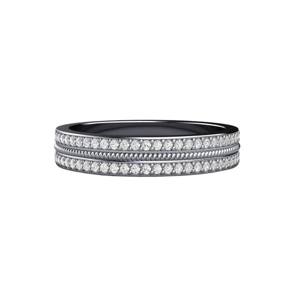 A unique diamond wedding ring or anniversary band 4mm wide with two rows of pave set natural diamonds and a rope design in gold or platinum from Rare Earth Jewelry.