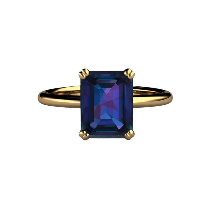 Lab Grown Alexandrite Ring in 18K Yellow Gold | Emerald Cut Color Change Gemstone