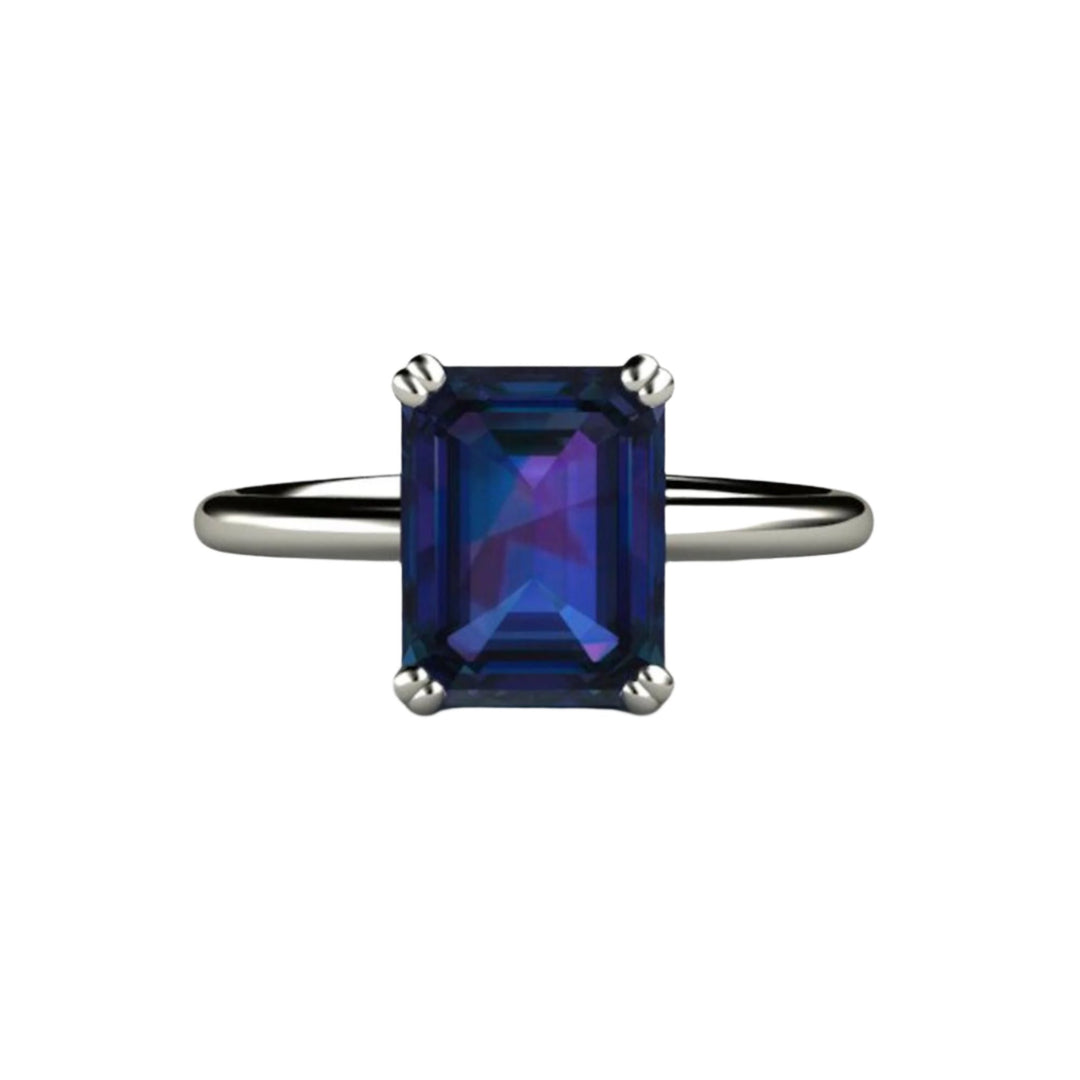 2.75ct Emerald Cut Alexandrite Solitaire Engagement Ring | Color Changing Gemstone Ring from Rare Earth Jewelry.