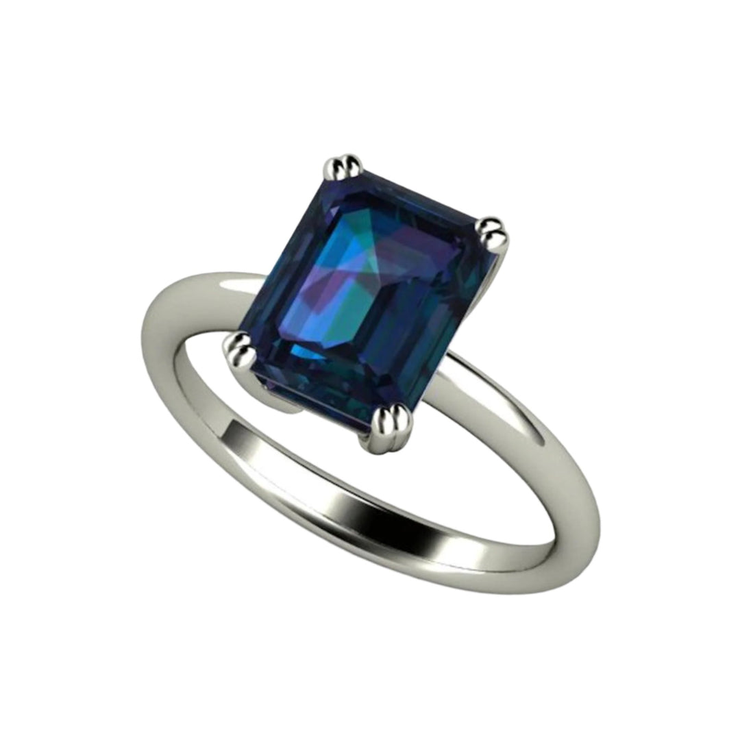 Alexandrite Solitaire Ring | Emerald Cut Lab Grown Alexandrite Ring Classic Solitaire with Double Prongs