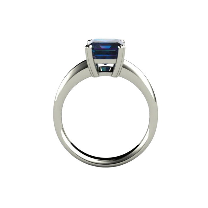 Profile View of Emerald Cut Alexandrite Engagement Ring | Lab Grown Alexandrite Color Change Stone