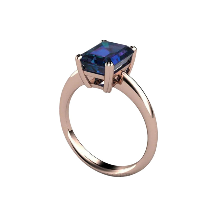 14K Rose Gold Alexandrite Ring | Emerald Cut Solitaire with Magical Color Changing Stone 