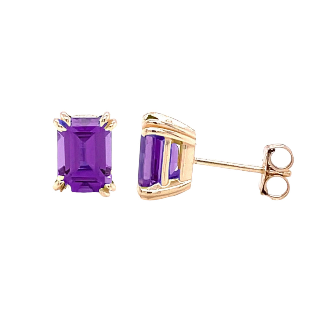 Emerald Cut Amethyst Stud Earrings in 14K Gold | Natural Amethyst Earrings with Double Claw Prong Settings, February Birthstone Studs