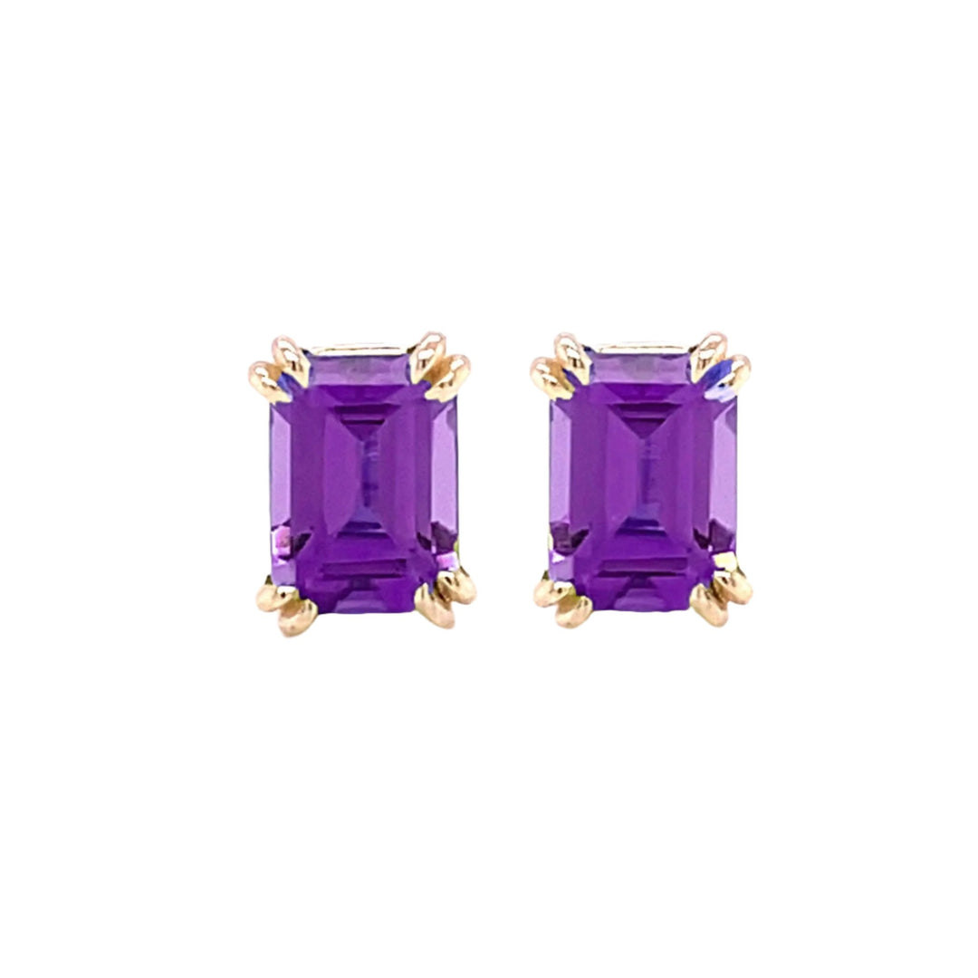 Emerald Cut Amethyst Earrings, 14K Gold Natural Amethyst Earrings, Purple Gemstone Earrings